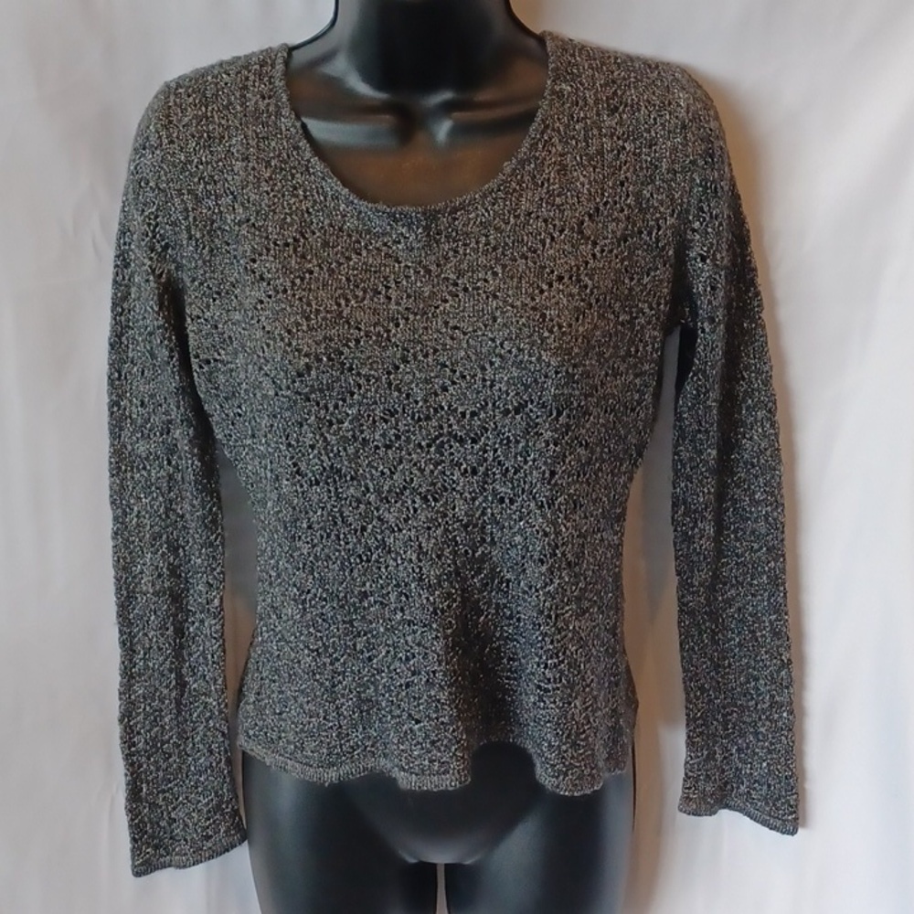 J. Jill - Black Silver Knit Sweater M, open weave, scoop neck, 18" pit to pit